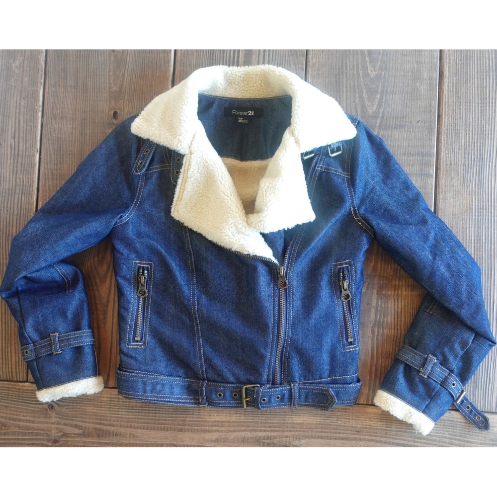 Vintage Y2K Forever 21 Denim Sherpa Lined Jean Jacket Womens Small Zip Up Retro